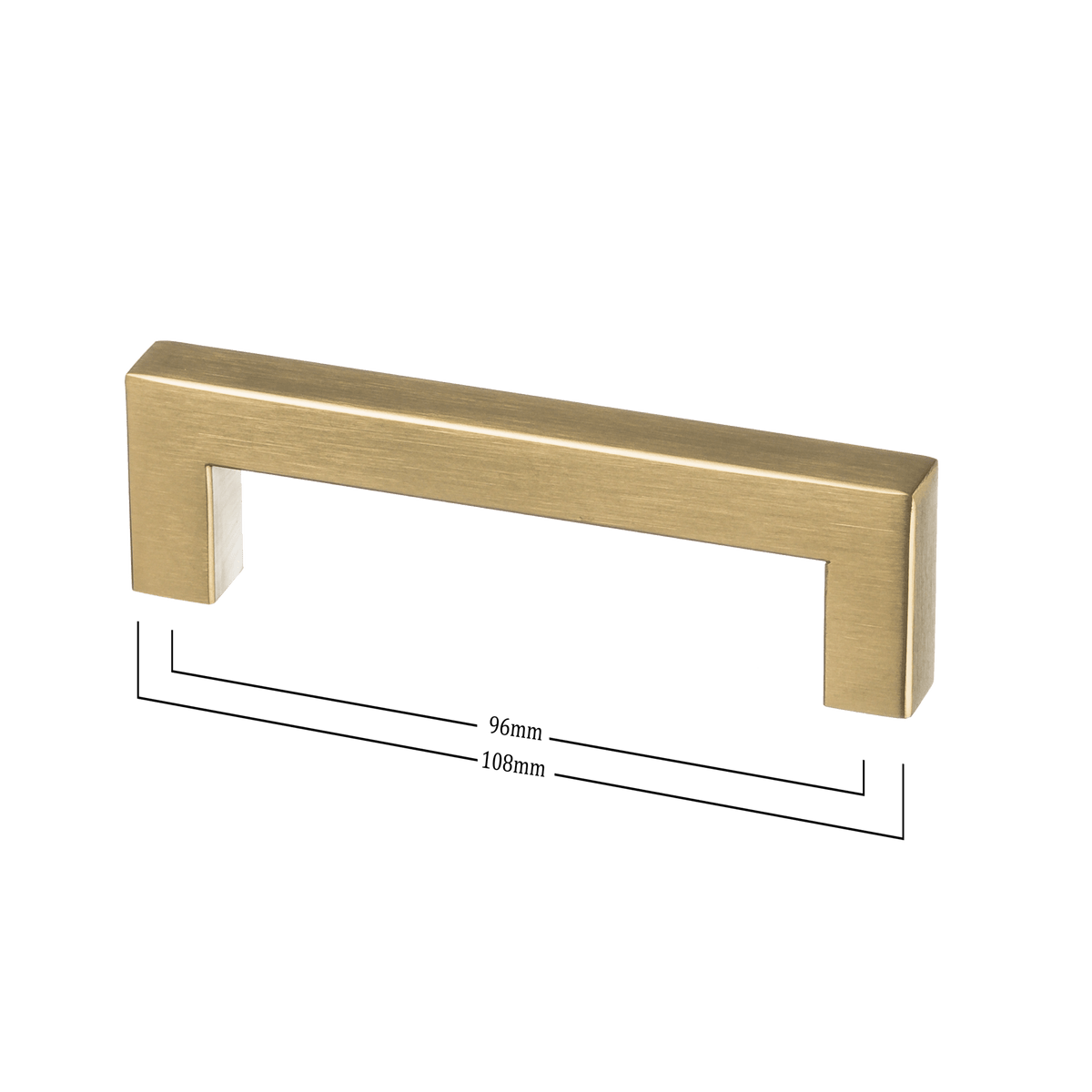 Maattekening van meubelgreep in goud, hartafstand 96 mm, lengte 108 mm
