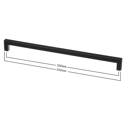 Maattekening van meubelgreep in zwart, hartafstand 320 mm, lengte 332 mm