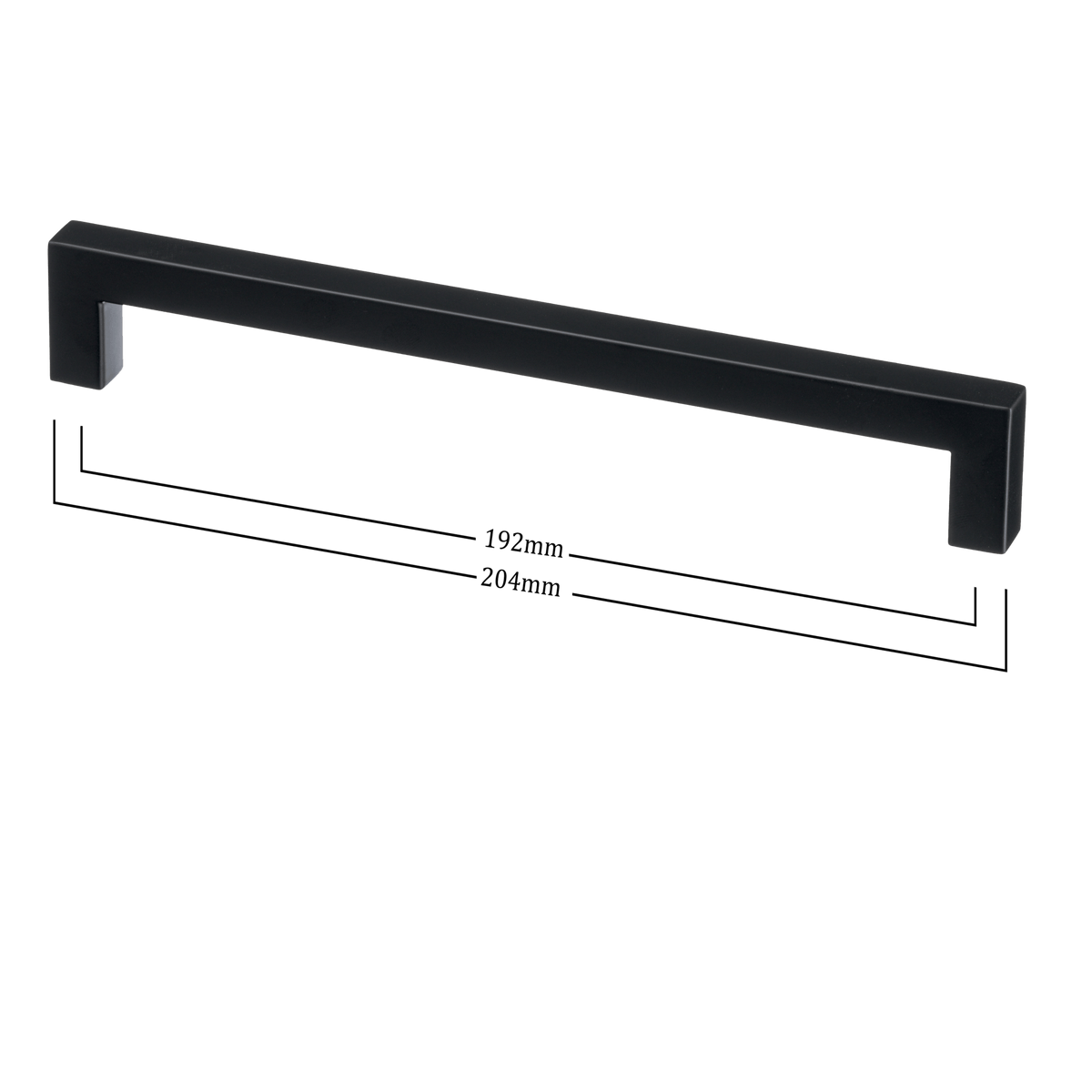 Maattekening van meubelgreep in zwart, hartafstand 192 mm, lengte 204 mm