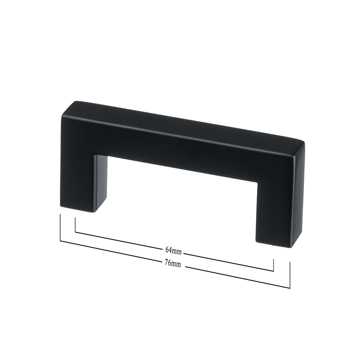 Maattekening van meubelgreep in zwart, hartafstand 64 mm, lengte 76 mm