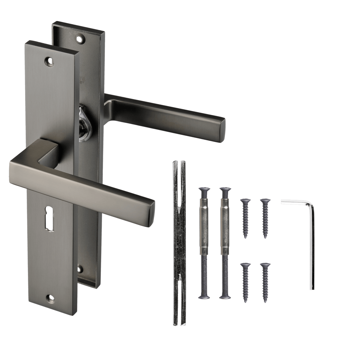 Deurklink Fano in gun metal met sleutelgat 56 mm met bevestigingsmateriaal