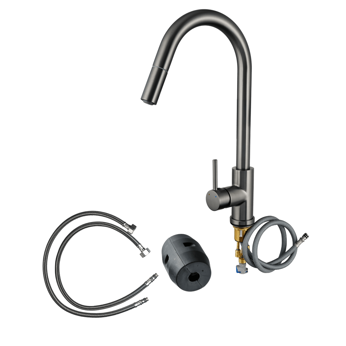 Uittrekbare keukenkraan Silana in gun metal met aansluit- en bevestigingsmateriaal
