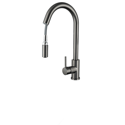 Uittrekbare keukenkraan Silana in gun metal met uitgetrokken kraanuitloop