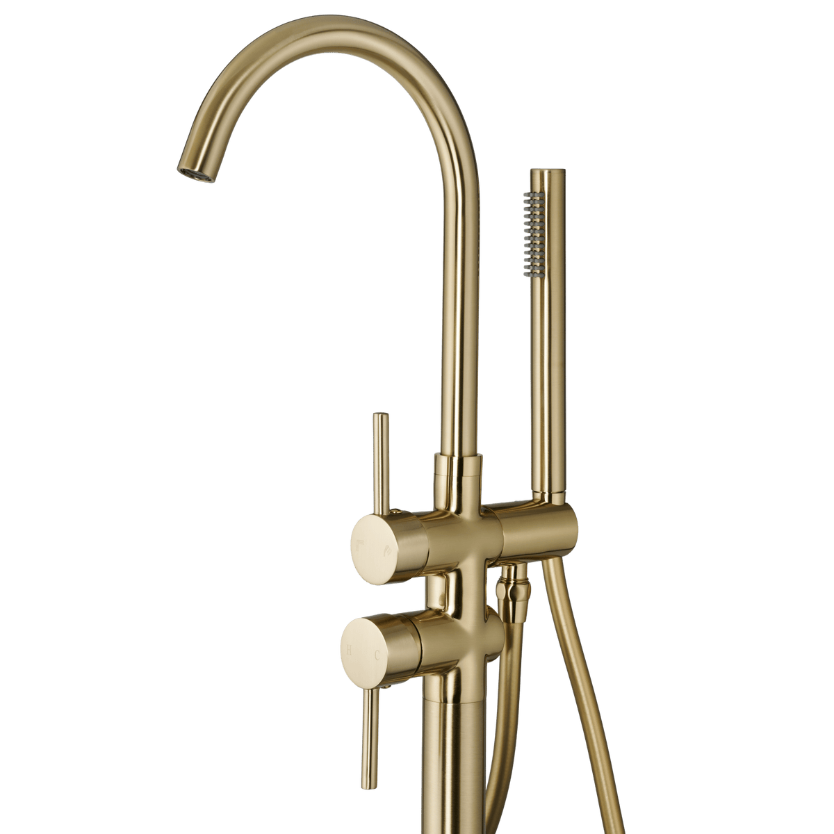 Detail van vrijstaande badkraan met handdouche Armonio in goud