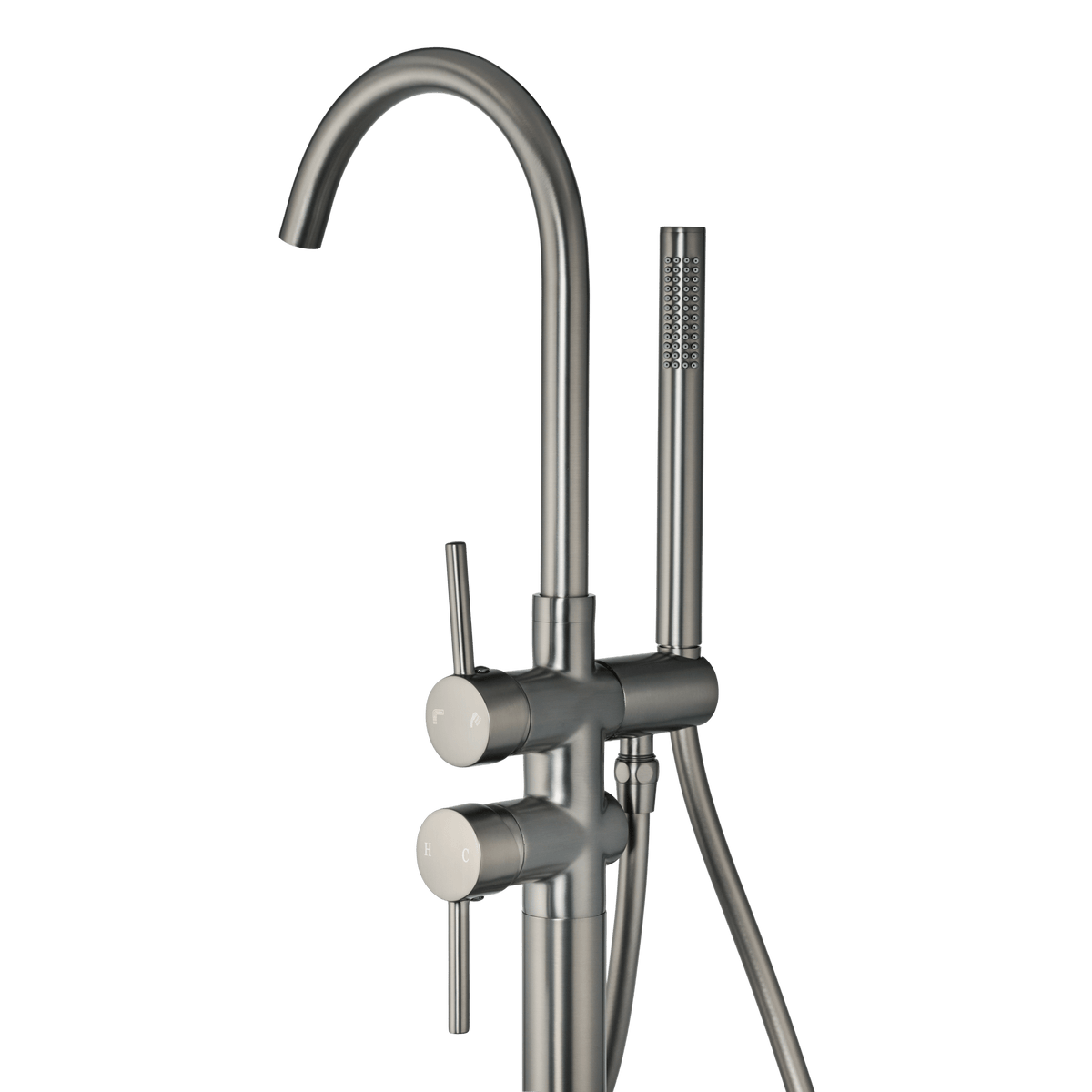 Detail van vrijstaande badkraan met handdouche Armonio in gun metal