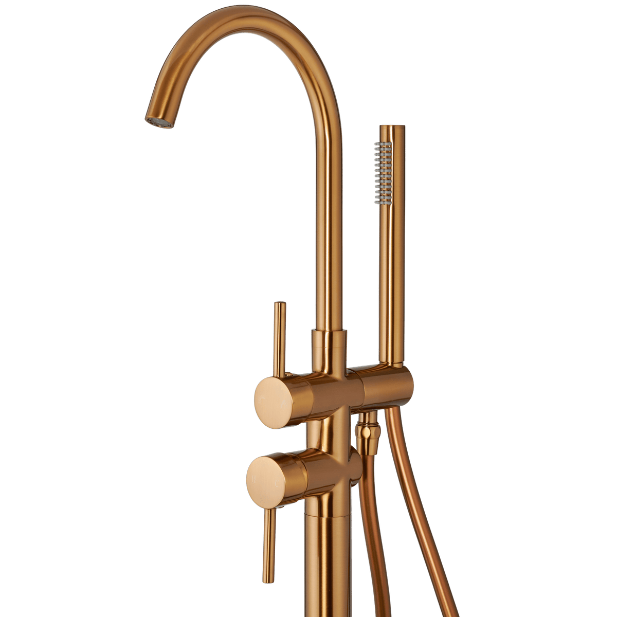 Detail van vrijstaande badkraan met handdouche Armonio in brons