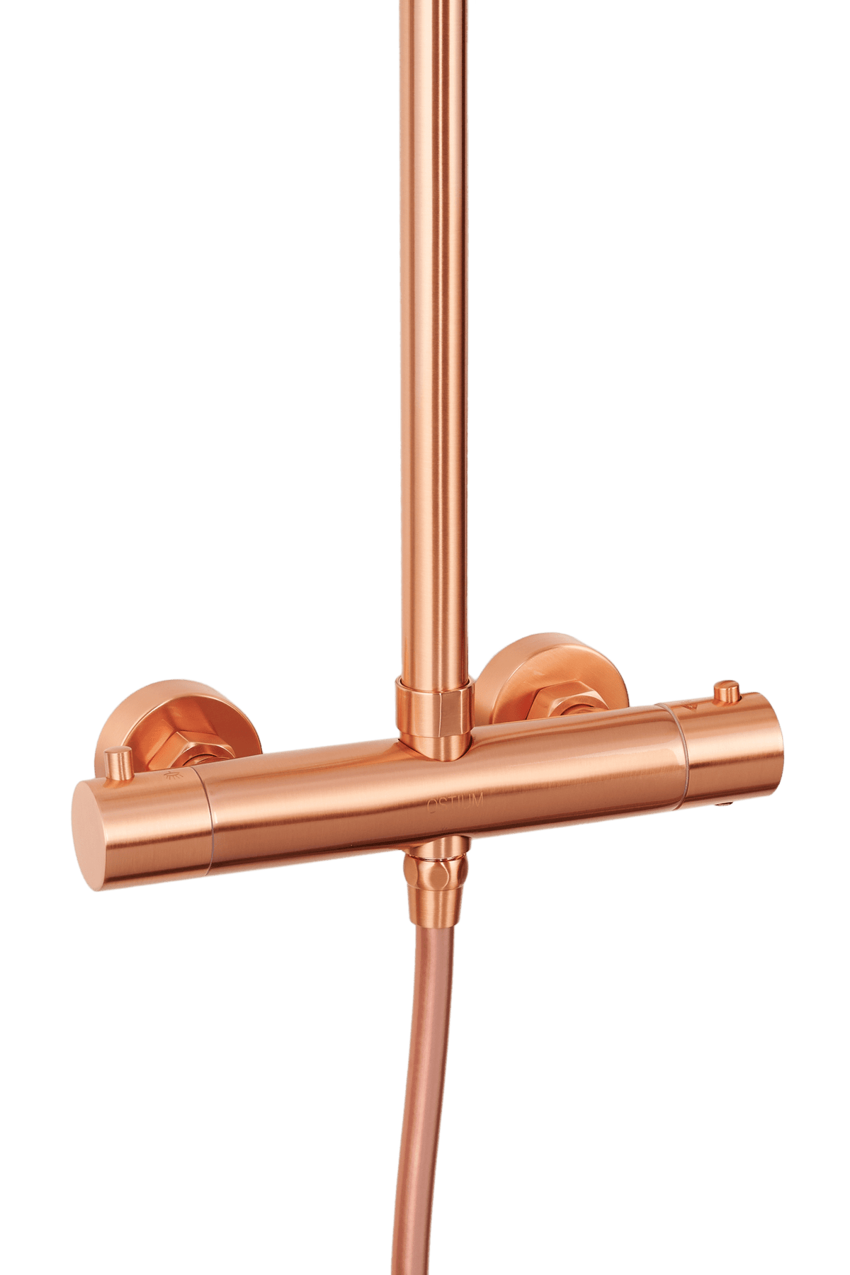 Detail van de bediening van ronde regendoucheset Novi in rosé koper