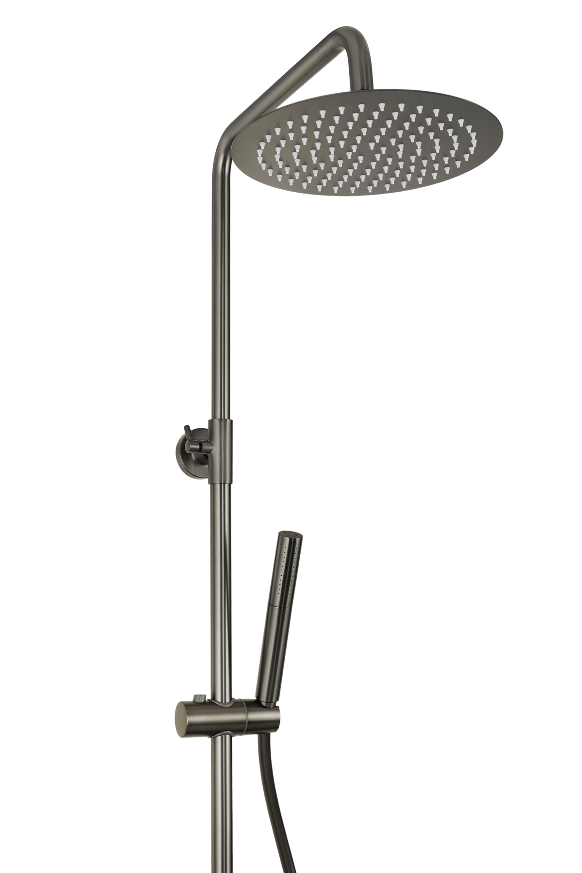 Hoofddouche en douchearm van ronde regendoucheset Novi in gun metal