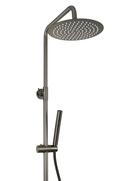 Hoofddouche en douchearm van ronde regendoucheset Novi in gun metal
