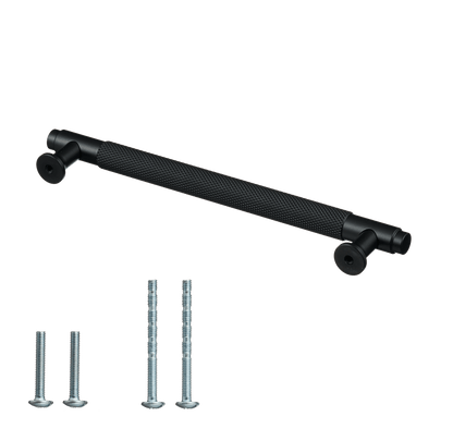 Meubelgreep in zwart met diamond cut structuur, hartafstand 192 mm, lengte 224 mm met bevestigingsmateriaal