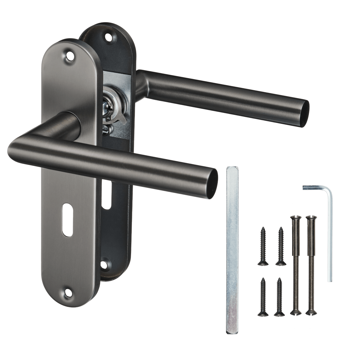 Deurklink Silvano in gun metal met sleutelgat met bevestigingsmateriaal