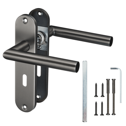Deurklink Silvano in gun metal met sleutelgat met bevestigingsmateriaal