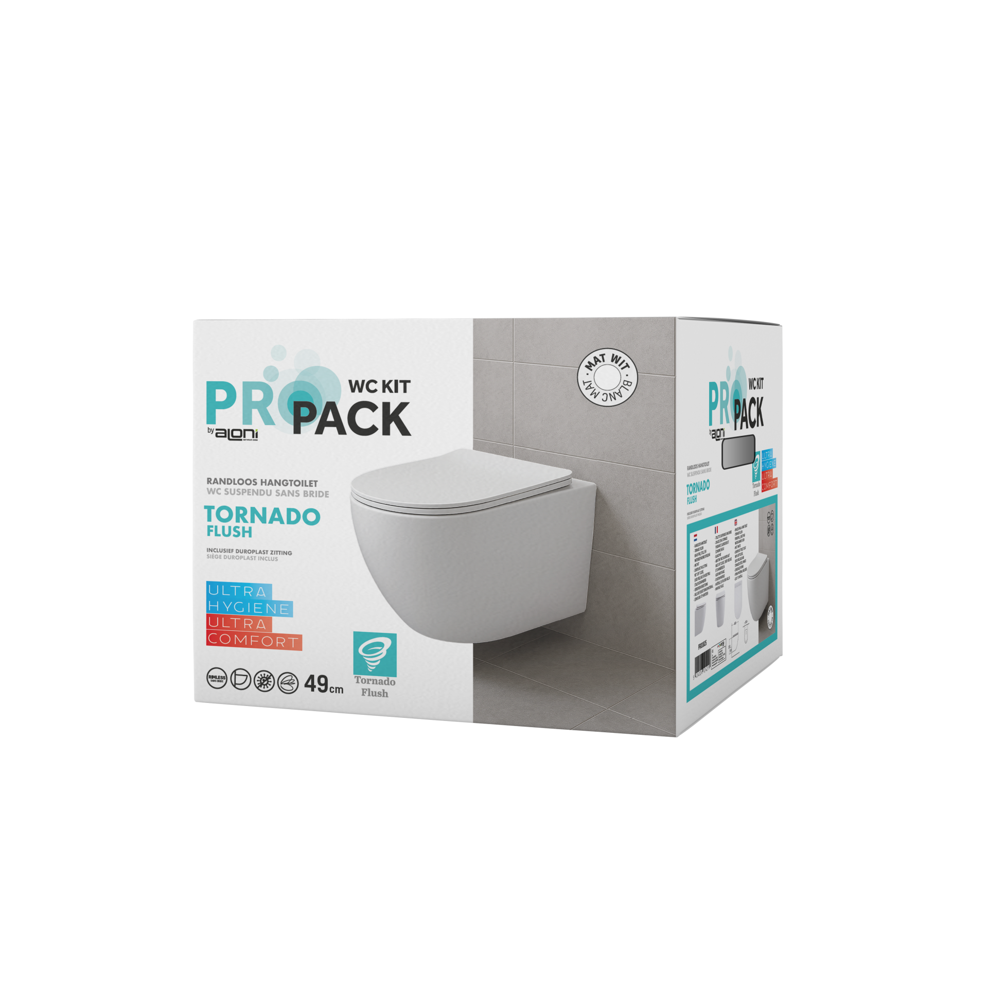 Aloni Pro Hangend Toilet | 36x32x49cm | Tornadospoeling | Randloos | met Zitting | Soft Close | Quick Release | Compact | Mat Wit - WDtegels