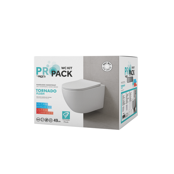 Aloni Pro Hangend Toilet | 36x32x49cm | Tornadospoeling | Randloos | met Zitting | Soft Close | Quick Release | Compact | Mat Wit