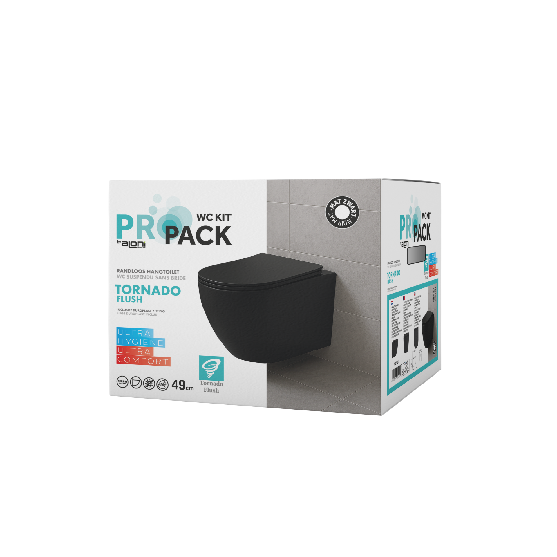 Aloni Pro Hangend Toilet | 36x32x49cm | Tornadospoeling | Randloos | met Zitting | Soft Close | Quick Release | Compact | Mat Zwart - WDtegels