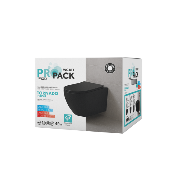Aloni Pro Hangend Toilet | 36x32x49cm | Tornadospoeling | Randloos | met Zitting | Soft Close | Quick Release | Compact | Mat Zwart