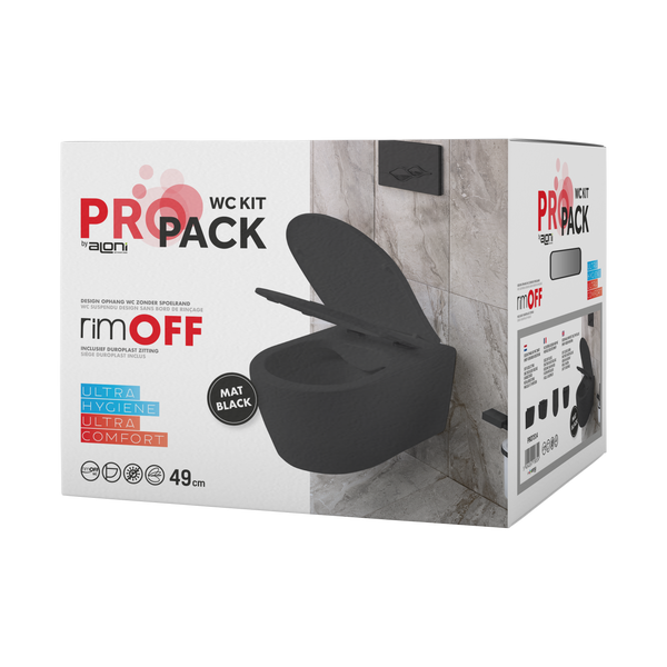 Aloni Pro Hangend Toilet | 36x25x49cm | Randloos | met Zitting | Soft Close | Quick Release | Compact | Mat Zwart