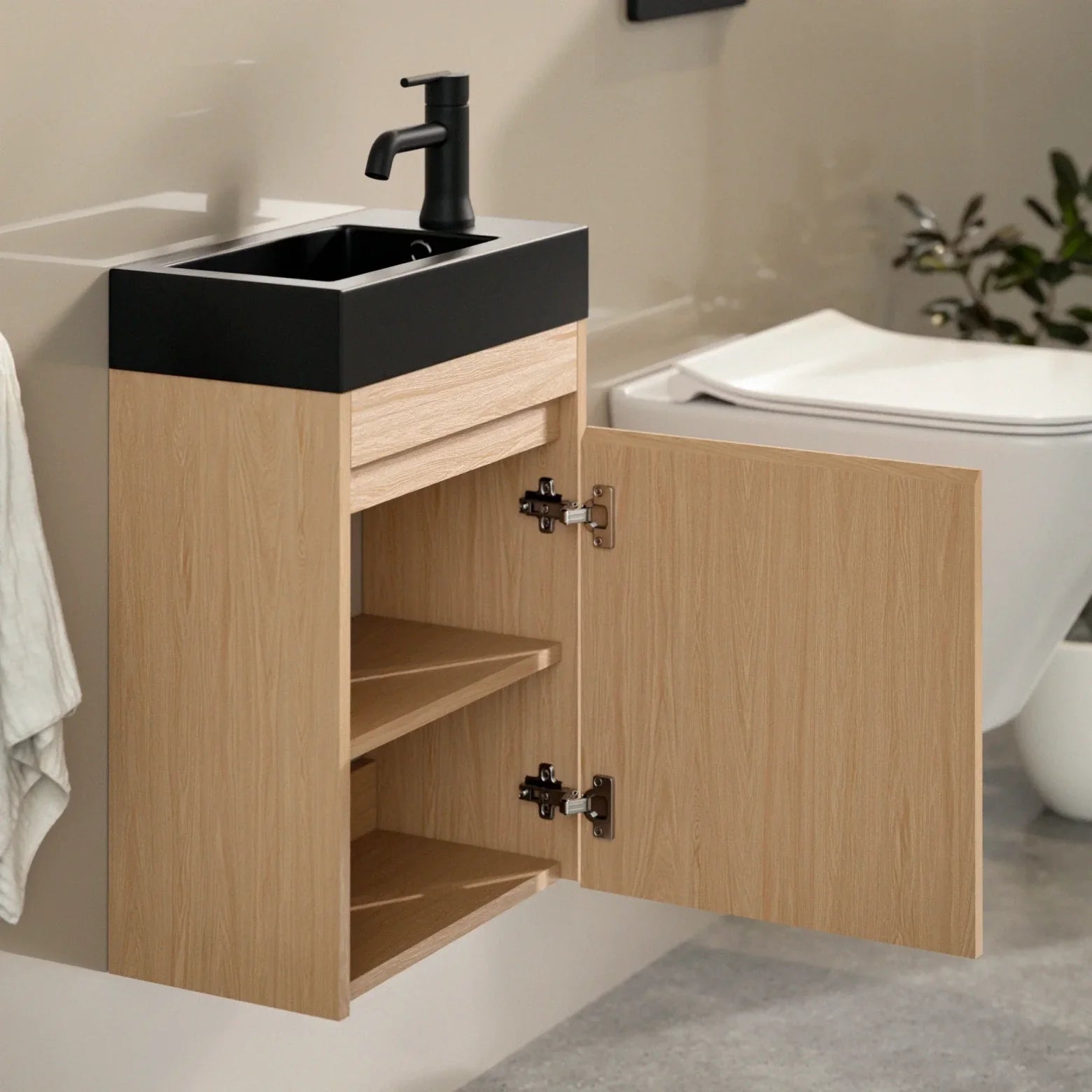 Toiletmeubel Elen - 40cm - Licht Eiken - Wastafel Zwart - WDtegels