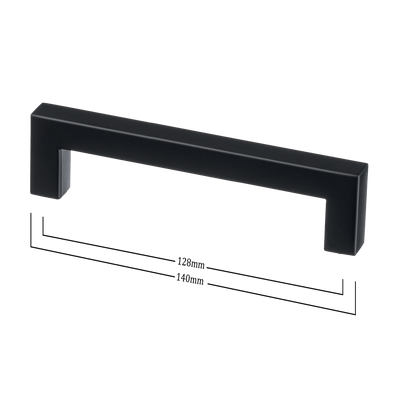 Maattekening van meubelgreep in zwart, hartafstand 128 mm, lengte 140 mm