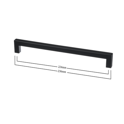 Maattekening van meubelgreep in zwart, hartafstand 224 mm, lengte 236 mm