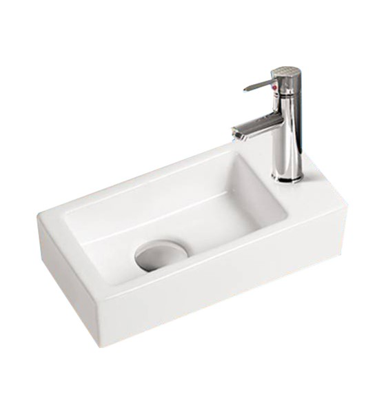 Fonteinset keramisch met kraan en afvoer Qubic mini Rechts | 36,5x18x9cm | Wit