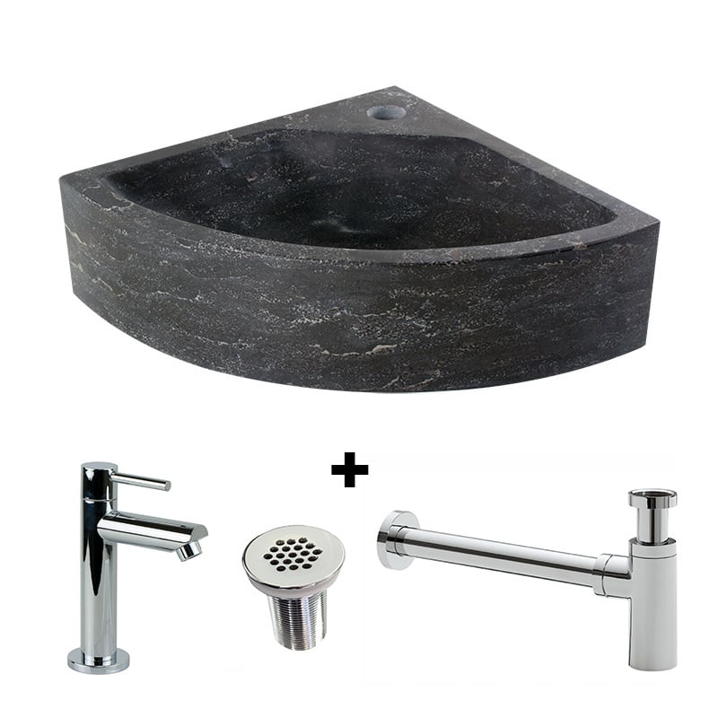 Paquete combinado Fuente de piedra natural Corner con grifo, rejilla y sifón