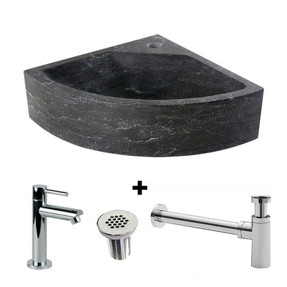 Paquete combinado Fuente de piedra natural Corner con grifo, rejilla y sifón