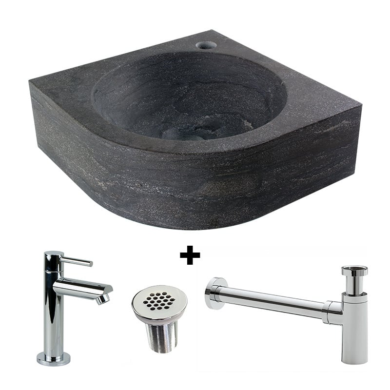 Paquete combinado Fuente de piedra natural Rondo con grifo, rejilla y sifón