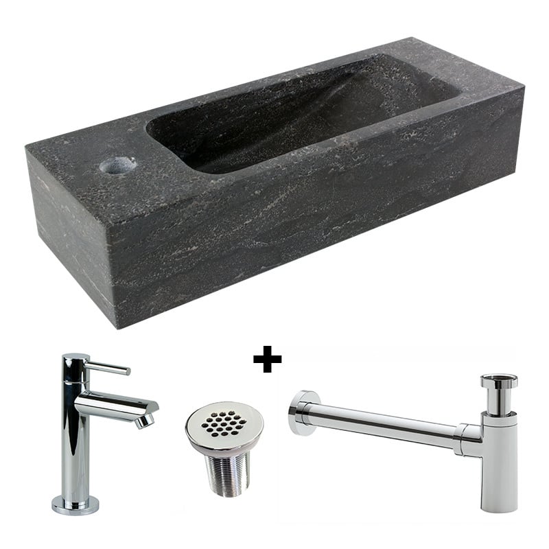 Paquete combinado Fuente de piedra natural Slim con grifo, rejilla y sifón