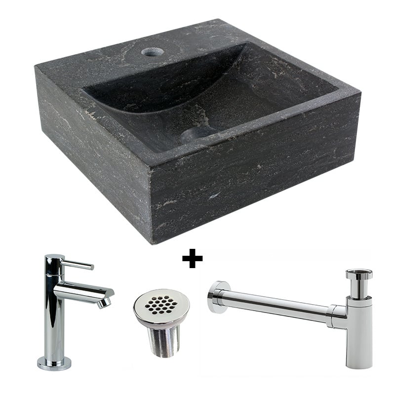 Combination package Natural stone fountain Square with tap, grille and siphon