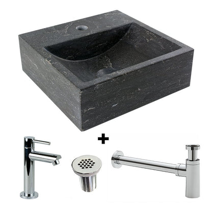 Combination package Natural stone fountain Square with tap, grille and siphon