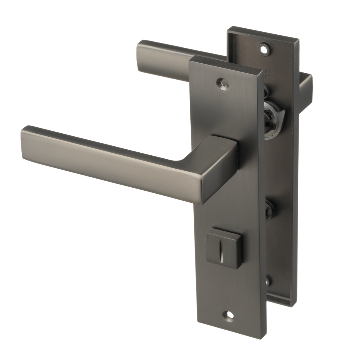 Deurklink Novara in gun metal met WC-sluiting 63 mm