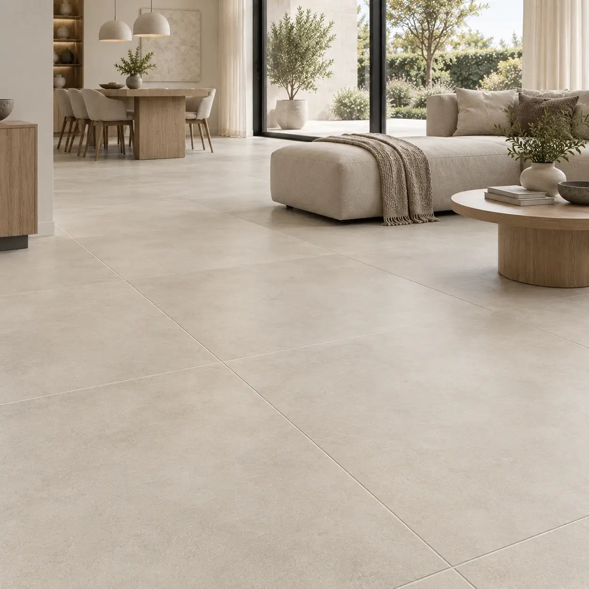 Beige vloertegels 100x100 cm met betonlook in een moderne woonkamer