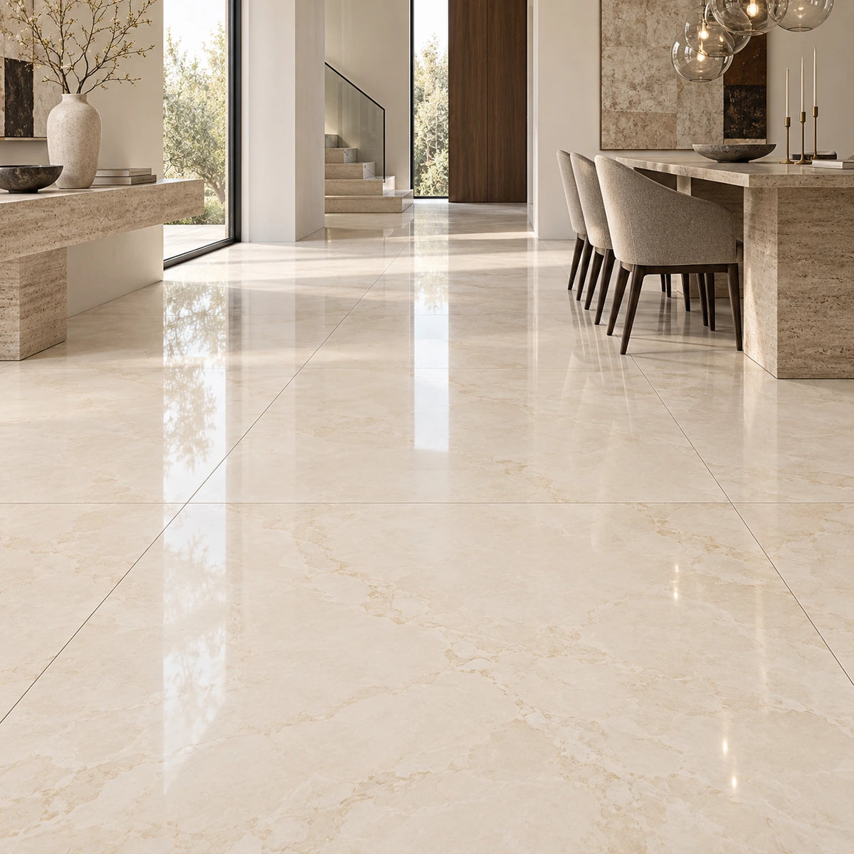 Grote beige vloertegels 120x120 cm met marmerlook in een moderne eetkamer