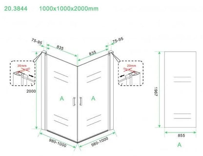 Wiesbaden Salone Douchecabine 100x100x200cm Chroom Vierkant Dubbele Draaideur 8 mm helder glas met nano-coating - WDtegels
