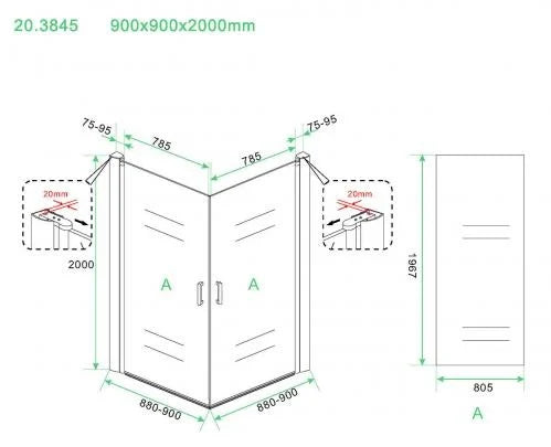 Wiesbaden Salone Douchecabine 90x90x200cm Chroom Vierkant Dubbele Draaideur 8 mm helder glas met nano-coating - WDtegels
