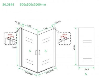 Wiesbaden Salone Douchecabine 90x90x200cm Chroom Vierkant Dubbele Draaideur 8 mm helder glas met nano-coating - WDtegels